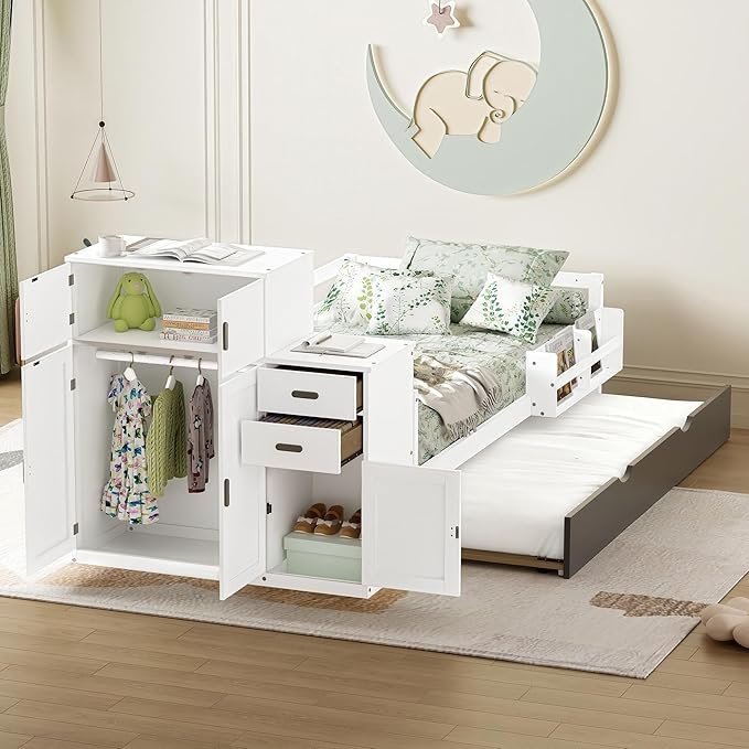 Merax Twin Corner Bed with Trundle and Drawers, Wooden Daybed Frame with Movable Wardrobe, Two Bookshelves, and Safety Guardrail, Twin Size Bed Frame for Kids, Boys Girls, Easy Assembly,White