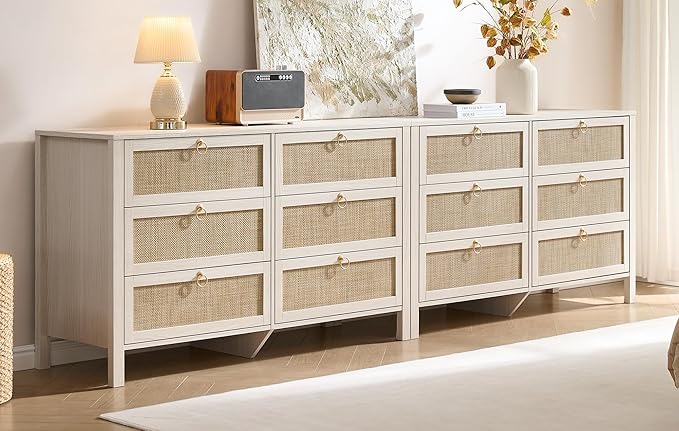 SICOTAS Rattan 6 Drawer Dresser for Bedroom : 2 Pieces 51" Wide Dressers Chest of Drawers Cabinet for Closet with Larger Storage, Boho Dressers TV Stand for Living Room, Hallway (White Cream Oak)