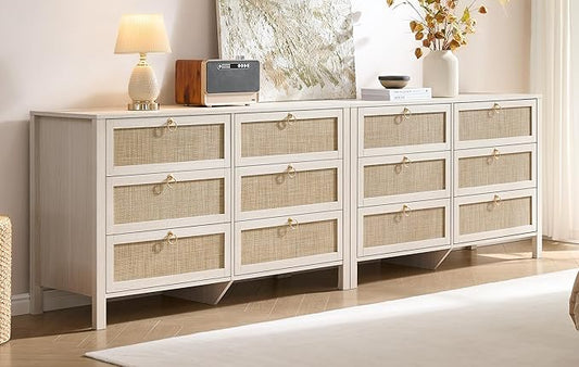 SICOTAS Rattan 6 Drawer Dresser for Bedroom : 2 Pieces 51" Wide Dressers Chest of Drawers Cabinet for Closet with Larger Storage, Boho Dressers TV Stand for Living Room, Hallway (White Cream Oak)