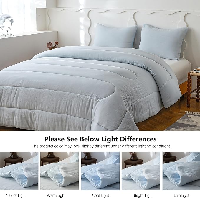 Simple&Opulence 100% Cotton Muslin Comforter Set King Size, 3PCS Washed Cotton Gauze Comforter, Soft Lightweight All Seasons Bedding Sets with 2 Pillow Shams(Light Blue,King)