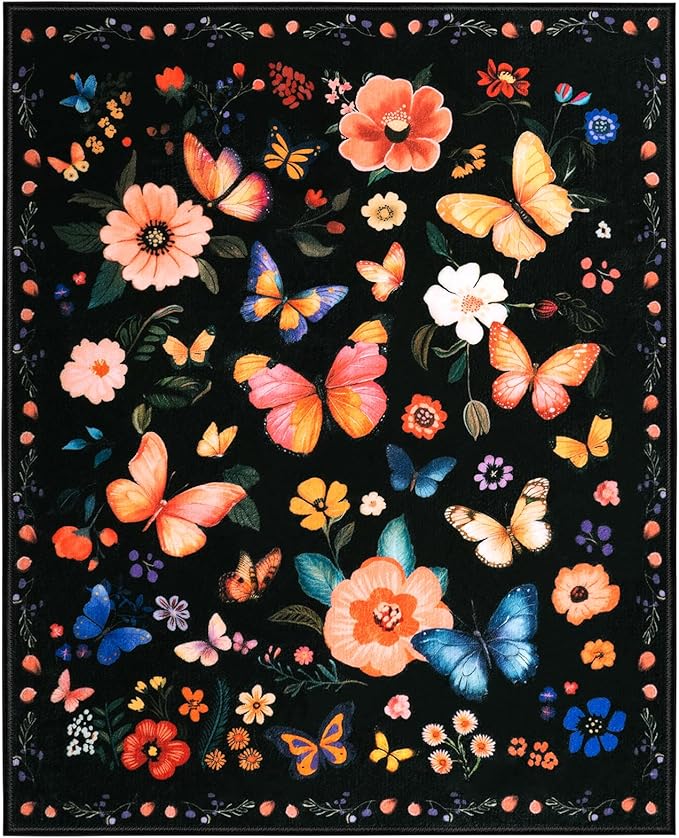 8x10 Machine Washable Area Rug, Non-Slip Large Vintage Floral Floor Rugs for Kids, Low Pile Room Carpet for Living Room, Bedroom, Dining Room & Nursery(8x10 Black Floral)