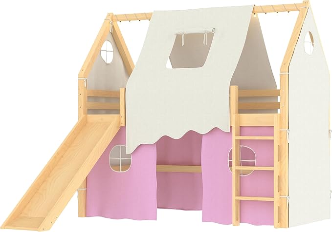 Playhouse Design Twin Size Loft Bed with Slide & Tent, Solid Wood Tent Bed Frame for Kids Boys Girls, Versatile Spacious Under Bed Space, Chic Design with Lights (Natural+Pink-Twin)