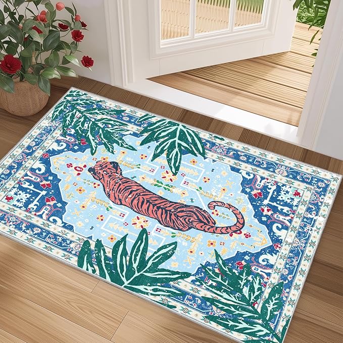 2x3 Washable Non-Slip Blue Tiger Rug for Bathroom Kitchen Entryway Whimsical Animal Cheetah Print Jungle Rug Boho Vintage Soft Cozy Tropical Woodland Small Carpet for Hallway Laundry Room