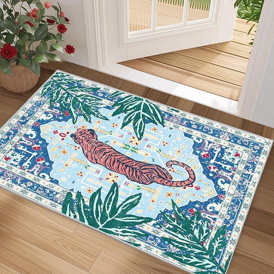 2x3 Washable Non-Slip Blue Tiger Rug for Bathroom Kitchen Entryway Whimsical Animal Cheetah Print Jungle Rug Boho Vintage Soft Cozy Tropical Woodland Small Carpet for Hallway Laundry Room