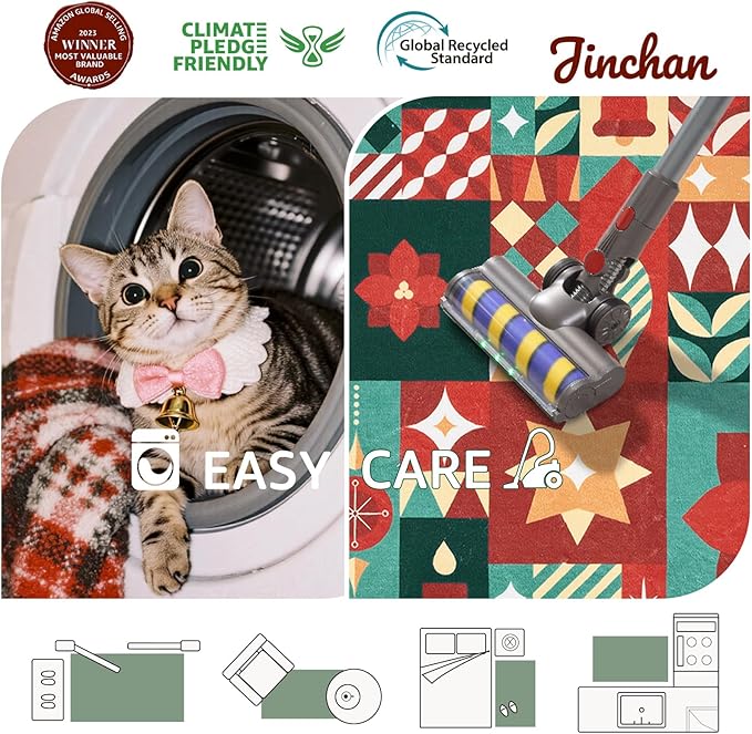 jinchan Christmas Rug 3x5 for Entryway Washable Christmas Bedroom Rug Xmas Geometric Doormat Non-Slip Soft Throw Carpet Festive Red-Green Holiday Patch Decor for Kitchen Living Room Bathroom