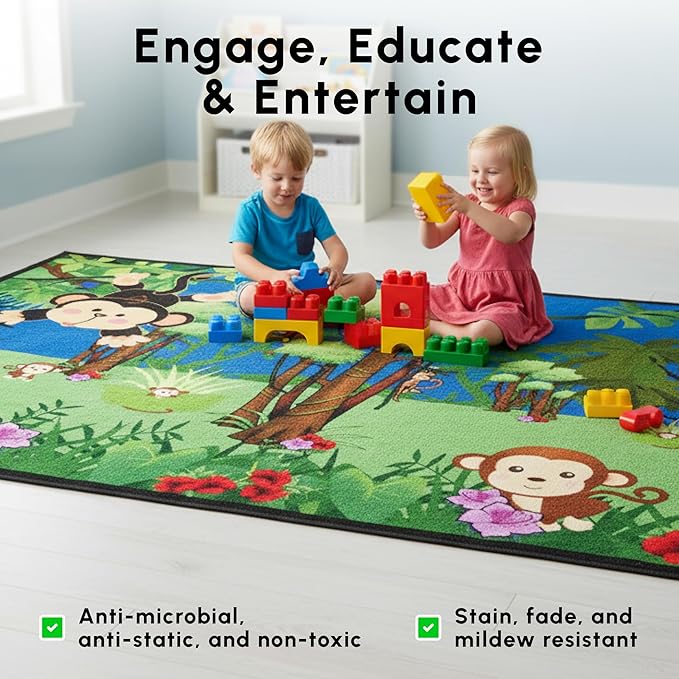 SAFECASTLE Kids Carpet Monkey Jungle Rug – Monkeying Around 4’4” x 5’6” – Educational Play Rug with Monkeys, Flowers & Trees – Fun Area Rug for Playrooms & Classrooms – Durable Nylon Seating Carpet