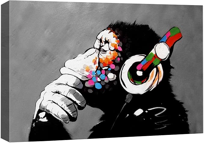 SIGNWIN Framed Canvas Wall Art Banksy Thinking Monkey with Headphones Graffiti & Street Art Famous People Pop Art Modern Urban Multicolor for Living Room, Bedroom, Office - 12x18 inches