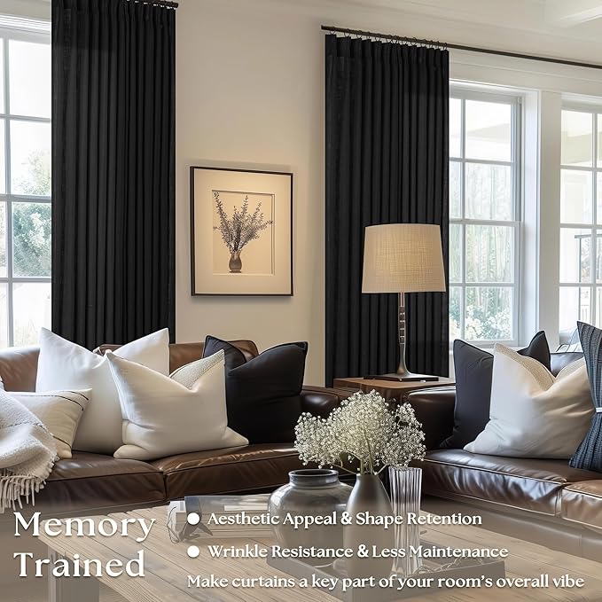 Black Pinch Pleated Linen Cafe Curtains 45 Inch Length 2 Panels for Dining Room Kitchen Bedroom Semi Sheer Pleat Drapes with Hooks Rings Light Filtering Short Window Curtain Cabinet 40x45