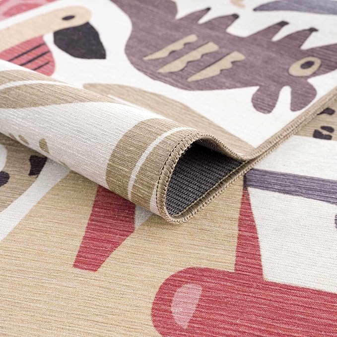 Hauteloom Natal Kids Room, Nursery Machine Washable Area Rug - Animals - Beige, Terracotta - 6'7" x 9'