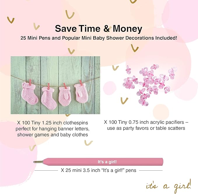 Dessie Baby Shower Games for Girls - Ultimate BabyShower Set - 9 Unique Girl Baby Shower Games, 100 Mini Clothespins, 100 Mini Acrylic Pacifiers, 25 Pens