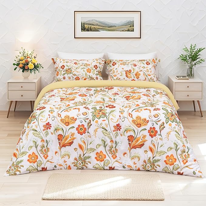 Orange Blossom Garden Duvet Cover Queen Size, 3 PCS Washed Fiber Floral Botanical Pattern Bedding Set, Cozy Soft Breathable Quilt Cover, Zipper + 8 Corner Ties + 2 Pillow Shams, Without Comforter
