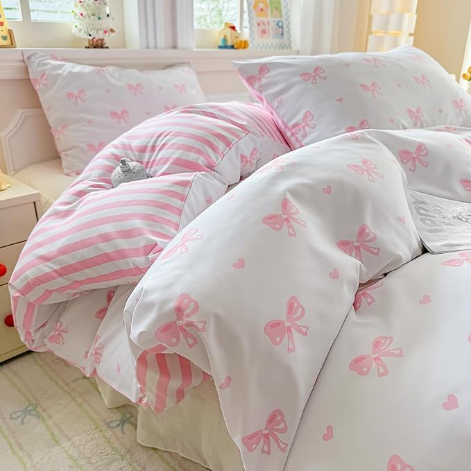 Heart Duvet Cover King Size Pink Bow Bedding Set Girls Kawaii Love Heart Printed Comforter Cover 3 Pieces Ultra Soft Washed Microfiber with Zipper Closure