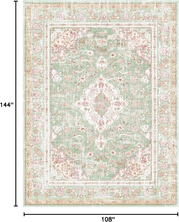 Vhong Washable Area Rugs Boho Vintage Modern Neutral Large Carpet Green and Pink High Traffic Rugs 9×12 for Dinning Room Living Room Bedroom Farmhouse Non Slip
