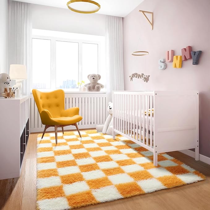 KICMOR 4x6 Rugs for Bedroom Living Room, Orange and Cream White Fluffy Fuzzy Checkered Shag Area Rug Shaggy Bedside Carpet, Furry Plush Soft Rug for Kids Boys Girls Room Nursery Playroom Home Decor