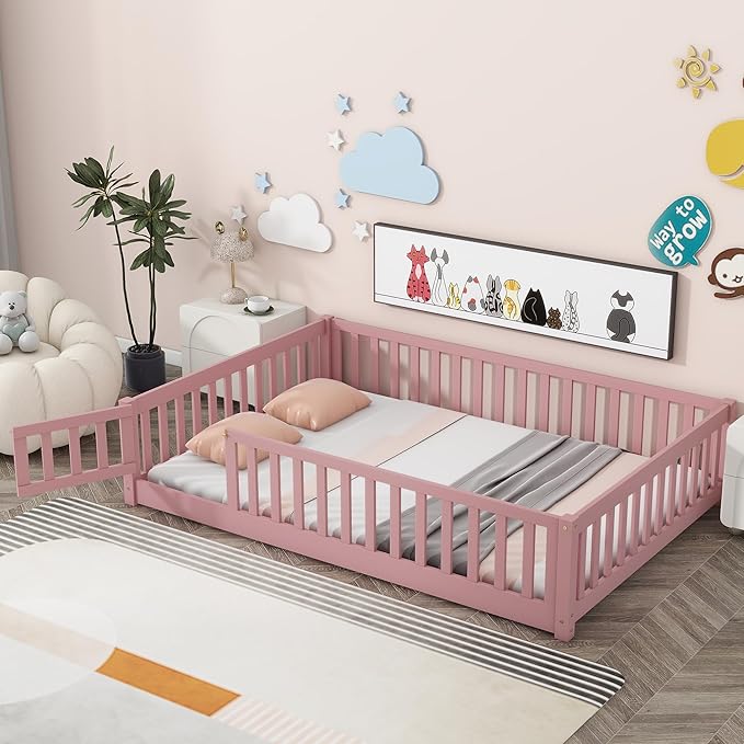 Full Size Montessori Floor Bed Frame with Convertible Door for Girls & Boys,Wood Montessori Bed w/Safety Guardrails & Wood Slats for Kids,Pink