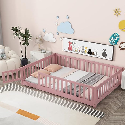 Full Size Montessori Floor Bed Frame with Convertible Door for Girls & Boys,Wood Montessori Bed w/Safety Guardrails & Wood Slats for Kids,Pink