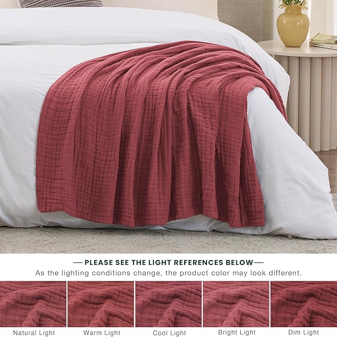 Love's cabin 6 Layer 100% Cotton Muslin Blanket, 60"x80" Twin Muslin Blanket for Couch Bed, Lightweight and Breathable Cotton Gauze for Adult, Wine Red