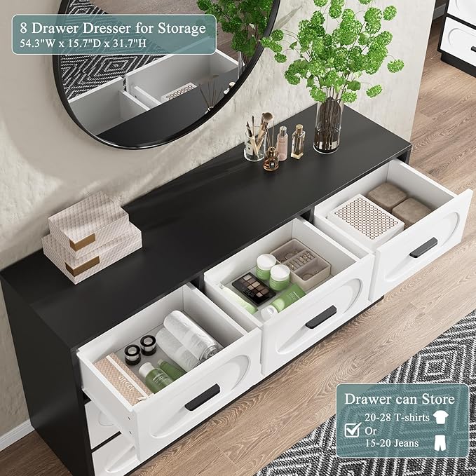 Modern 8 Drawers Dresser for Bedroom, 54" Wide Dressers & Chests of Drawers w/Solid Wood Handle, Mid Century Dresser TV Stand w/Natural Texture for Bedroom, Living Room, White