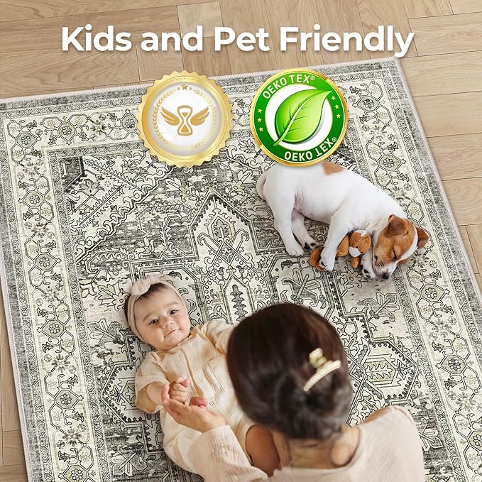 WITSHOCK Living Room Area Rugs 9x12: Washable Rug Boho Soft Non-Slip Low Pile Stain Resistant Foldable Carpet for Bedroom Playroom Dining Room Office Kitchen Farmhouse Home Decor Rug-Brown/Lvory