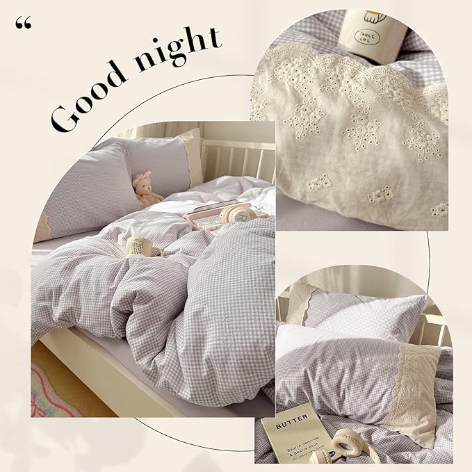 LifeTB Purple Gingham Duvet Cover Twin XL Cozy Washed Microfiber Purple Checkered Plaid Duvet Cover with 2 Pillowcases Romantic White Lace Comforter Cover 3 Pieces Gingham Grid Bedding Set
