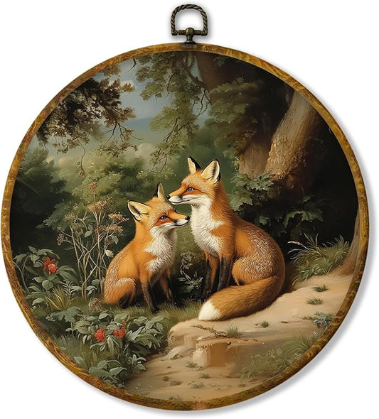 Hiuwevt Fox Round Wall Art Decor, Farmhouse Enchanting Forest Fox Framed Canvas Prints, Vintage Rustic Cottagecore Wild Animal Round Wall Hanging Decor for Bedroom Home Decorations, 10x10 Inches