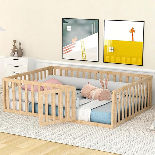 Bellemave Montessori Floor Bed Frame with High Fence and Door, Queen Floor Bed for Kids, Girls & Boys, Easy Assemble Montessori Beds Queen Size, Natural