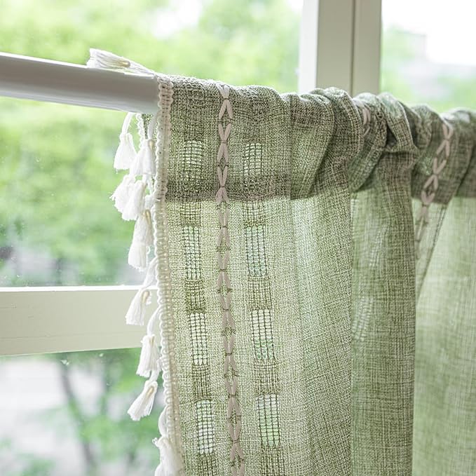 Deeprove Boho Valance Kitchen Short Curtain Tassel, Textured Striped Drape Tier Embroidered Shabby Chic Window Treatment for Cafe Dinging Room Closet, W52 x L18 inch Rod Pocket 1 Panel Sage Green