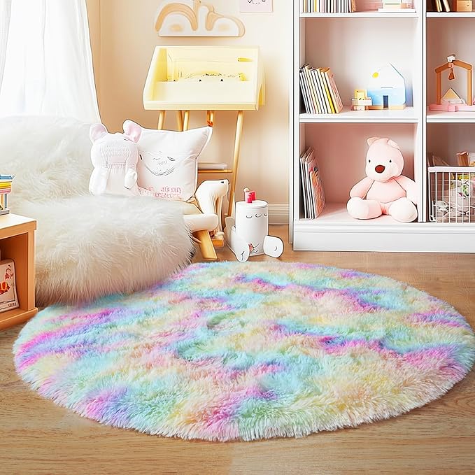 6‘x6’ Rainbow Round Rugs for Girls Bedroom, Ultra Soft Fluffy Circle Rug for Kids Room, Cute Shag Rugs for Living Room Playroom Tent Castle Home Decor Rug