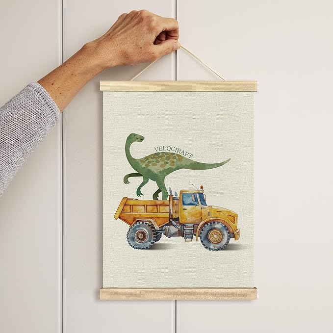 BCUANGD Dinosaur and Construction Truck Wall Decor - Dinosaur Dino Poster Hanger with Wood Frames Set of 2, Baby Car Vehicles Wall Hanging Canvas Decor for Kids Room Nursery Playroom, 12x16 Inches