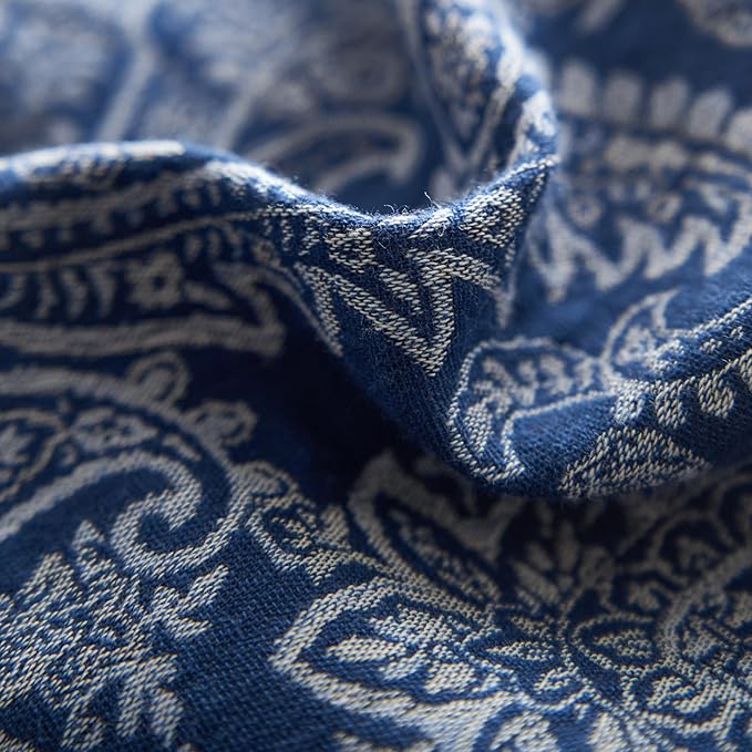 Navy Blue Paisley Floral Duvet Cover Queen Premium Yarn-Dyed Cotton Linen Duvet Cover Elegant Jacquard Boho Bedding Set Queen Vintage Paisley Flower Duvet Cover Cozy Breathable Floral Bedding Set
