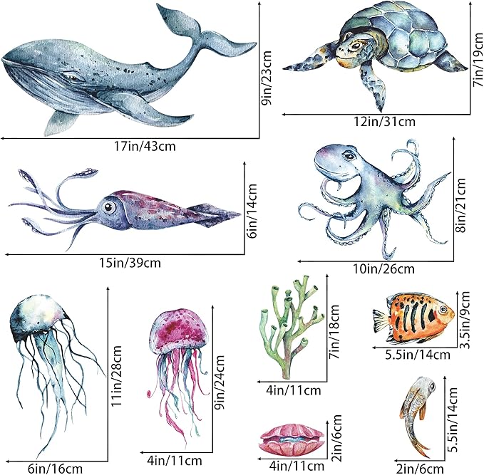 LiveGallery Ocean Life Wall Decals Under The Sea Wall Stickers Whale Jellyfish Clownfish Sea Turtle Cuttlefish Shell Seaweed Conch Coral Wall Decorations for Kids Bedroom Living Room Nursery
