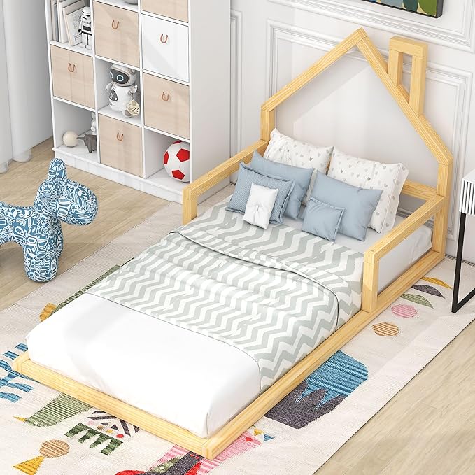 Harper & Bright Designs Twin Size Floor Bed with House Shaped Headboard, Montessori Floor Bed for Kids, Solid Wood Low Bed Frame for Bedroom, Playroom, Wooden Slats Support, Natural
