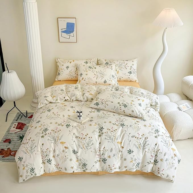 HighBuy Floral Duvet Cover Twin 100% Cotton Girls Yellow Floral Botanical Coquette Bedding Comforter Cover with Zipper Chic Cottagecore Twin Bed Duvet Cover Set 3 Pieces,Lightweight,Breathable