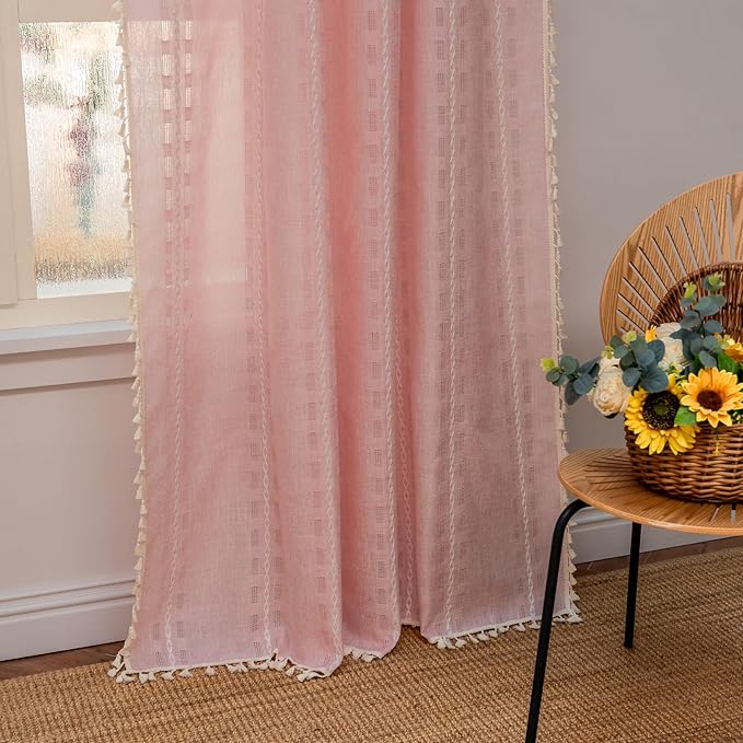 Deeprove Blush Pink Boho Curtain 72 inches Long for Living Room Bedroom Kitchen, Retro Bohemian Sheer Linen 72 inches Length 6 FT Striped Embroidery Privacy Window Tassel Decor W52 x L72, 1 Panel