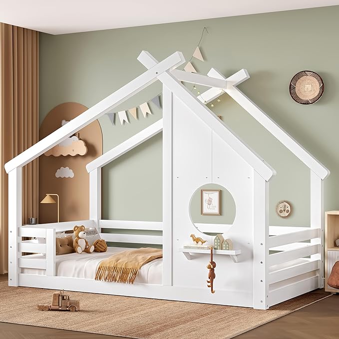 SOFTSEA Twin Size House Bed Frame, Kids Floor House Bed with Window and with Storage Shelf for Boys Girls, Wood Montessori Bed with Slats and Guardrails, White