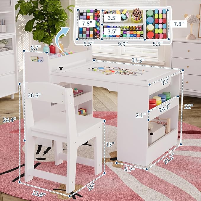 Kids Art Table and 2 Chairs, Craft Table with Large Storage Shelves,Toddler Wooden Drawing Desk Activity & Crafts Children's Wooden Furniture for Classroom Daycares,Home