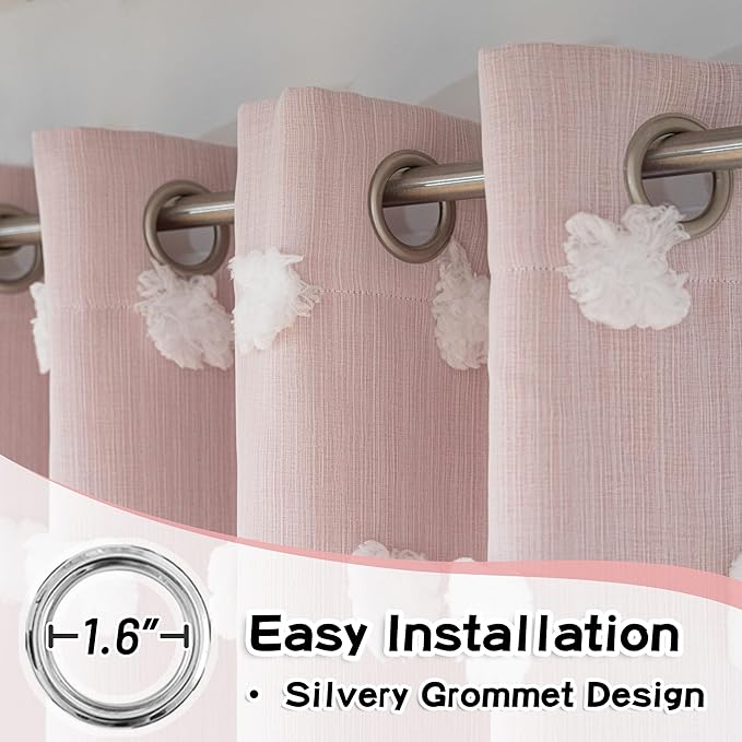 MYSKY HOME Pink Curtains for Bedroom 90 Inches Long Living Room Curtain with Pom Pom Sheer for Dining Room Grommet Double Layer Nursery Curtain Drapes Toddler Room Darkening Window Panels 52 x 90 in