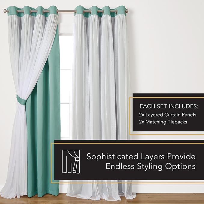 TOWN & COUNTRY LUXE Talia Double Layer Indoor Curtains, Sheer and Room Darkening Blackout, Grommet Top, Energy Efficient, 2-Pack Set, 52"x96", Turquoise