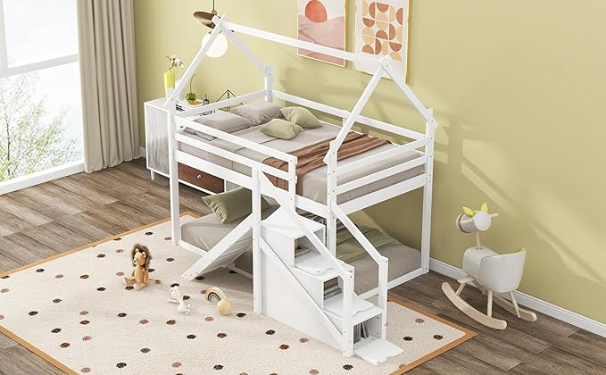 Flieks Twin Over Twin House Loft or Bunk Bed Frame for Boys Girls Kids Adults Toddler with Slide and Staircase, White