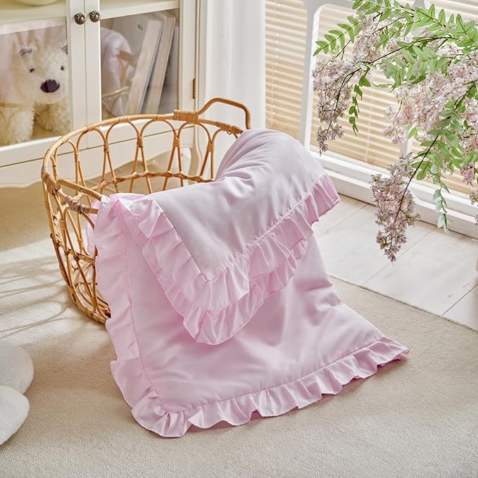 Ruffled Toddler Blanket Ruffle Comforter for Baby Toddler Girls, Soft Cozy Cute Quilted Blanket Breathable Microfiber Comfortable Down Alternative Small Size Quilt with Ruffle - 43"x 60" Pink