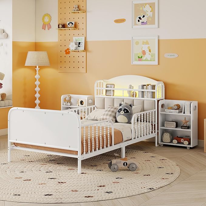Ball & Cast Twin Size Toddler Bed W/LED Light,Metal Bed W/Storage Headboard & 2 3-Tiers Storage Shelves,Platform Bed Frame W/Safety Guardrails & Low Profile Design,for Boys Girls,White