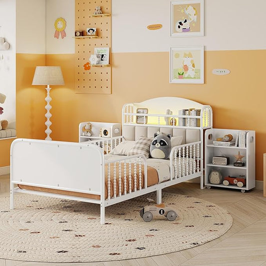 Ball & Cast Twin Size Toddler Bed W/LED Light,Metal Bed W/Storage Headboard & 2 3-Tiers Storage Shelves,Platform Bed Frame W/Safety Guardrails & Low Profile Design,for Boys Girls,White
