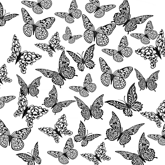 3D Gold Butterfly Wall Decor 3 Sizes 4 Styles Butterfly Party Decorations Cake Decorations Removable Stickers Wall Halloween Decor Room Mural Metallic Kids (Black, 96Pcs)