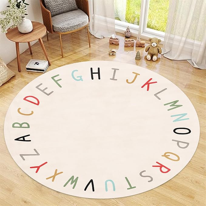 Children's Round Play Rug,3ft,ABC Letter Educational Rug, Soft and Fluffy Imitation Cashmere Rug, Non-Slip Washable Floor Mat for Children's Room, Suitable for Nursery, Classroom, Playroom