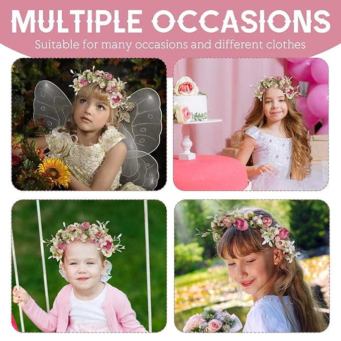 Lyrow 3 Pcs Camellia Flower Crown Rose Floral Crowns Headpiece Wedding Flowers Women Girl Headband Hair Accessory for Baby Toddler Communion Photo Prom Photography Christmas Festivals