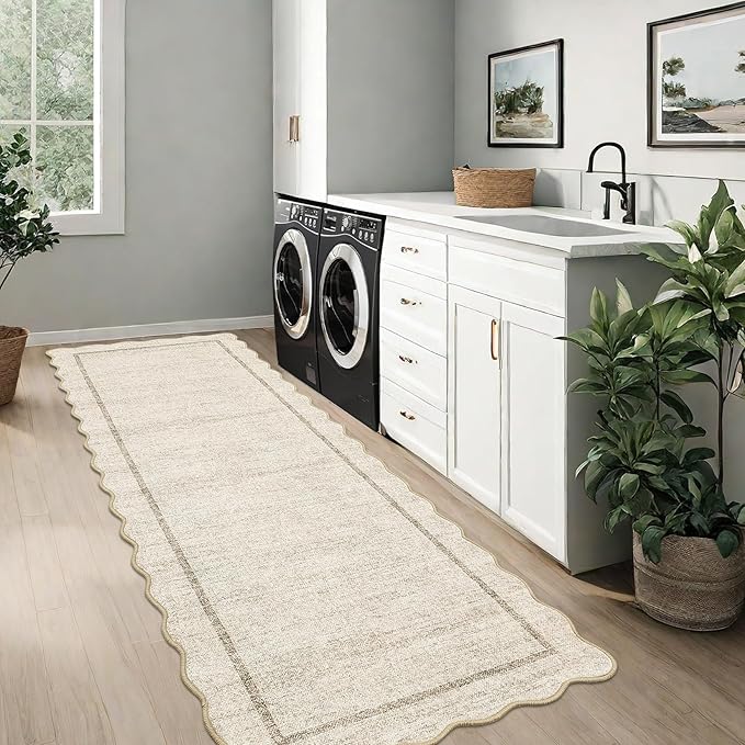 GarveeHome Scalloped Washable Runner Rug 2x10 Non Slip Kitchen Rugs Modern Blue Indoor Entryway Rug Farmhouse Soft Bath Mat Stain Resistant Carpet for Bedroom Hallway Laundry 2 ft x10 ft Beige