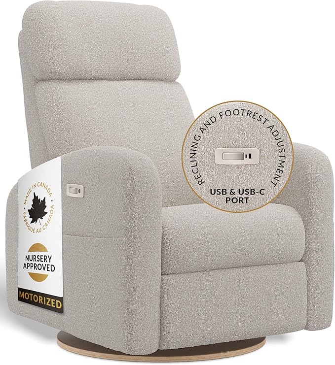 Hailey Modern Nursery Glider Recliner Chair (Motorized) – Cozy Nursing Chair with 180° Swivel for New Parents, High Back & Low Armrests, Adjustable headrest, Canadian Made (Beyond Sheep Vanilla)