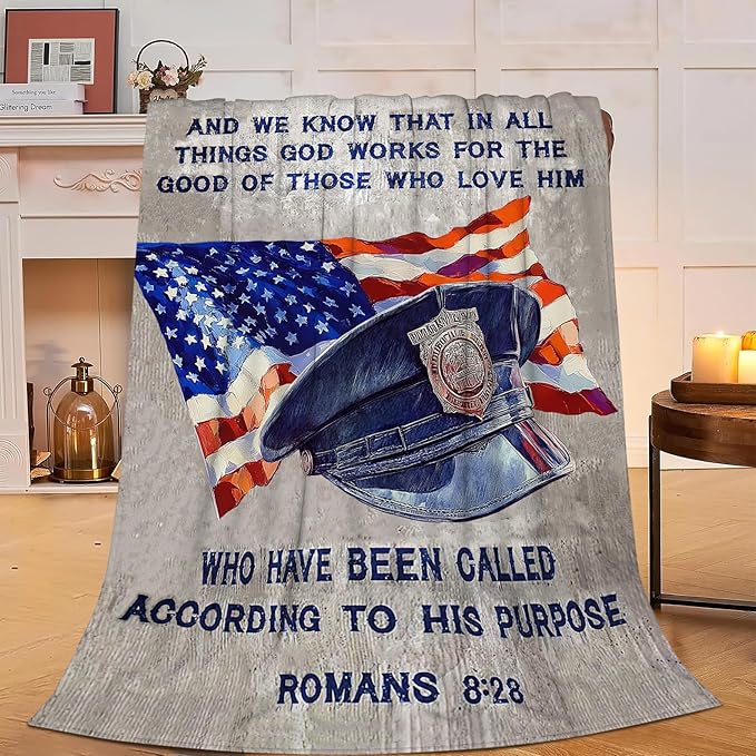 Policeman Blanket Police Officer Throw Blanket Super Soft Flannel Lightweight Fluffy Plush Fuzzy Fleece Police Academy Graduation Blanket Gifts for Man Woman Prayer for Bed Sofa Bedding 40"X50"