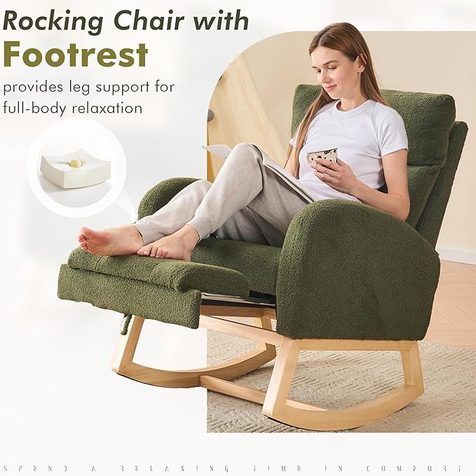FOXHUNTER Rocking Chair for Nursery with High Backrest & Foot Rest-Nursery Rocking Chairs with Side Storage Pocket for Breastfeeding,Modern Glider Chair for Baby Bedroom,Living Room,Teddy Green