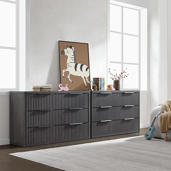 SICOTAS Dresser for Bedroom 107" Wide 6 Drawer Dressers & Chests of Drawers for Closet Long Large Modern TV Stand Set for Clothes Storage Fluted Clothes Closet for Hallway Entryway, Dark Grey Alder